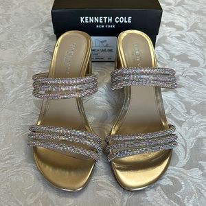 Rhinestone Strappy Slip On’s. 6 straps with gold block heel. Worn once! EUC!